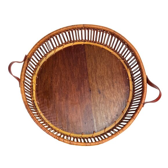 Rattan Round Serving Tray Wicker Leather Handles VTG 70s Kitchen Farmers Market - Picture 7 of 12